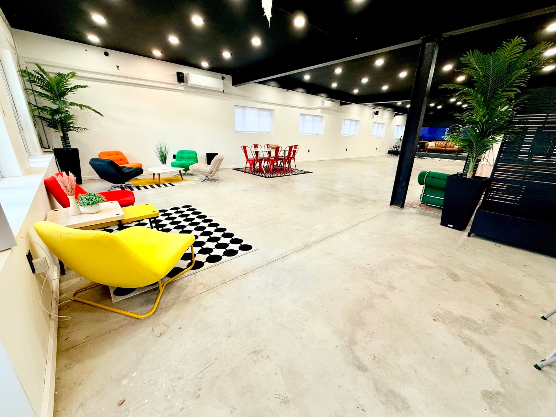 An open room with concrete floors, a yellow armchair, green and red seating, tall plants and a checkerboard rug, with windows along one wall.