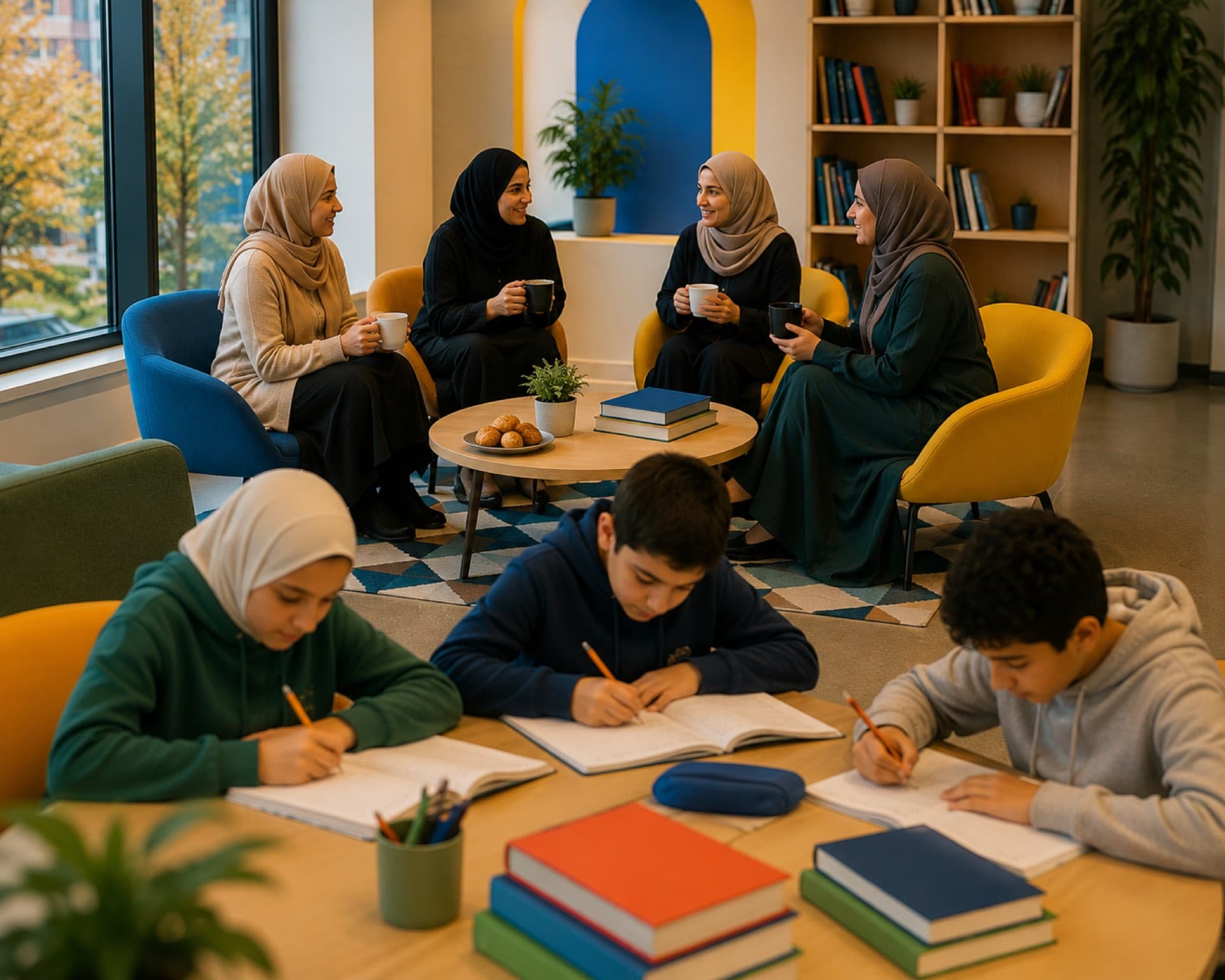 Four women sit talking over coffee in a bright common room while three young people work at a table in the foreground.